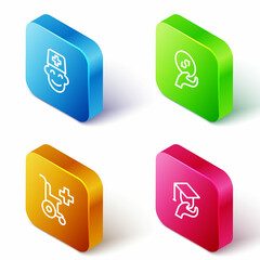 Set Isometric line Male doctor, Donation and charity, Wheelchair for disabled person and Education grant icon. Vector