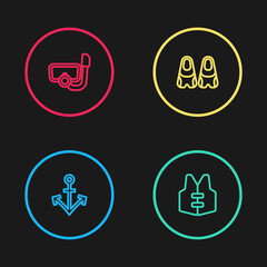 Set line Anchor, Life jacket, Flippers for swimming and Diving mask with snorkel icon. Vector