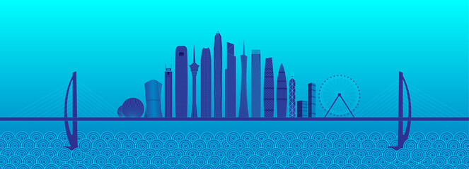 Vector illustration of skyline buildings in Dawan District, Guangdong, Hong Kong and Macao, Guangdong, China

 