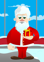 Santa Claus in his red clothes with white beard holding small gift box. Vector cartoon character illustration.