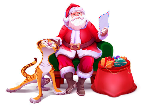 Santa claus sitting in chair reading letter and stroking tiger. Tiger symbol 2022 new year and christmas