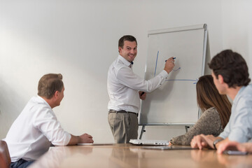 Smiling businessman leading a presentation at flip chart in office