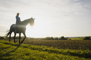 Woman riding horse on a field in the countryside at sunset
