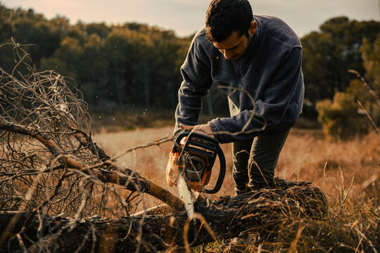 Teenage boy cutting wood with chainsaw in forest