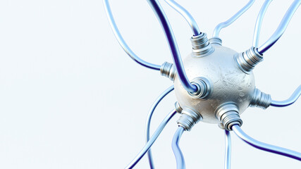 Three dimensional render of metal sphere connected with multiple tubes