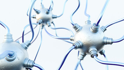 Three dimensional render of metal spheres connected with multiple tubes