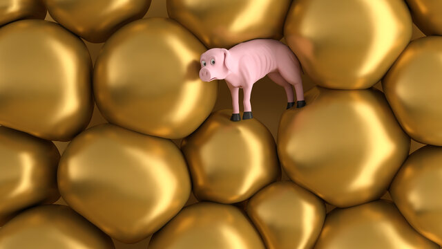 Three dimensional render of empty malnourishedÔøΩpiggy bank surrounded by gold bubbles