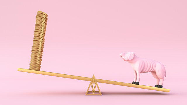 Three dimensional render of skinny malnourished piggy bank standing on seesaw against stack of gold coins