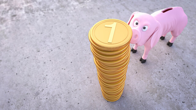 Three dimensional render of skinny malnourished piggy bank looking at stack of gold coins