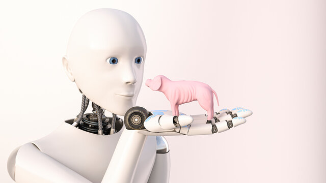 Three dimensional render of android holding skinny malnourished piggy bank