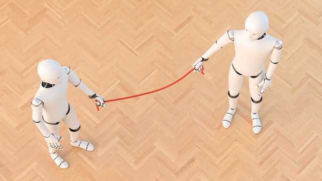 Three dimensional render of two androids standing on wooden floor holding rope