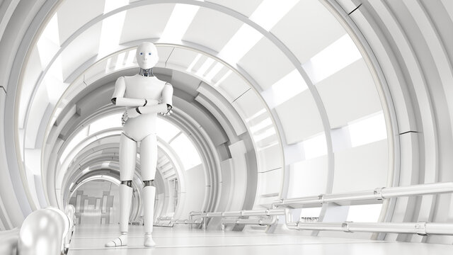 Three dimensional render of android standing with crossed arms in white bright corridor