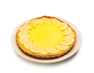 Plate with tasty lemon pie on white background