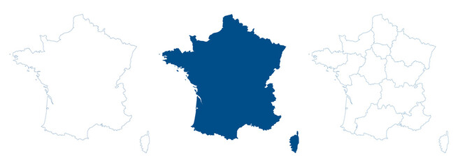 France map vector. High detailed vector outline, blue silhouette and 13 administrative metropolitan regions. All isolated on white background. Template for website, design, cover, infographics