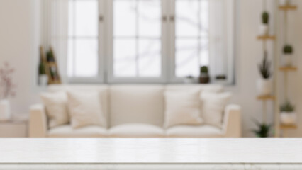 Empty tabletop for montage over blurred modern comfortable white living room background