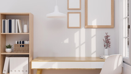 Minimalist Japanese home office interior design with mockup space for montage on wooden desk