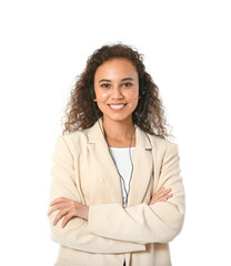 African-American consultant of call center in headset on white background