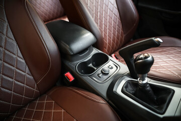Fototapeta na wymiar Front leather seats in modern car