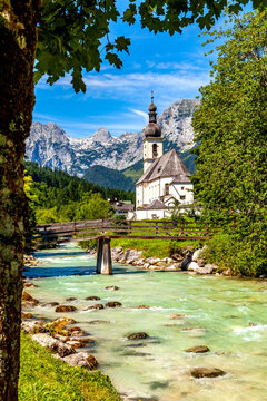 Parish church of St Sebastian with Reiteralpe mountain in the background, Ramsau, Germany