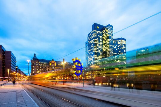 Germany, Frankfurt, Willy Brandt Platz, tramway, long exposure