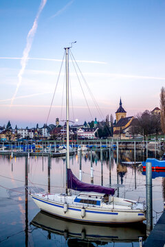 Switzerland, Arbon, Lake Constance, harbor in winter