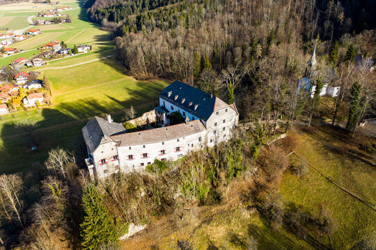 Germany, Marquartstein, Bavaria, Aerial view of Marquartstein Castle in summer