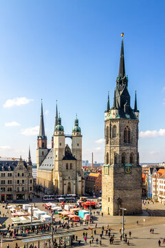 View to Market Square with Red Tower and Market Church, Halle, Germany