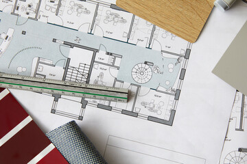 Ruler lying on architecturalÔøΩblueprint