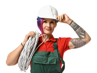 Female electrician with cables on white background