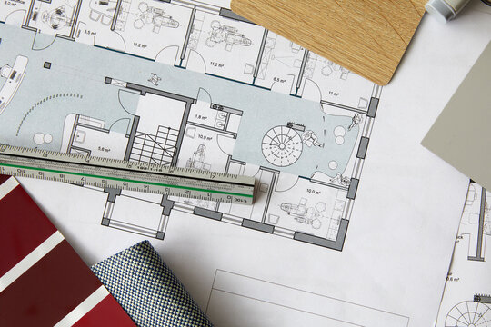 Ruler lying on architecturalÔøΩblueprint