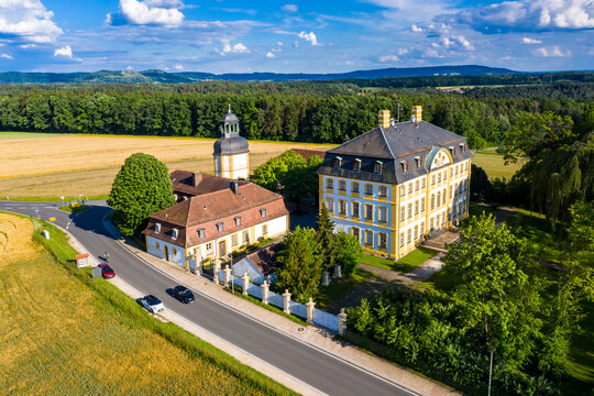 Germany, Bavaria, Eggolsheim, Helicopter view of Schloss Jagersburg in summer
