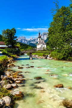 Parish church of St Sebastian with Reiteralpe mountain in the background, Ramsau, Germany