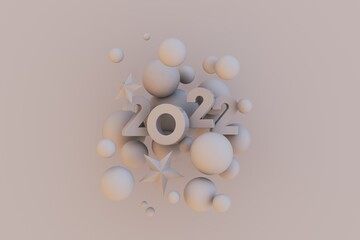 2022 New Year background. Holiday 3d rendering of numbers 2022 and abstract balls. Festive poster or banner design. Party invitation