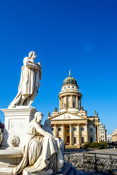 View to French Cathedral with Schiller Monument in the foreground, Gendarmenmarkt, Berlin, Germany