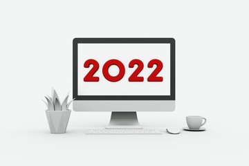 2022 New Year on computer screen, Desktop or workplace on winter holidays, concept for digital technology specialists, remote celebration. 3d Rendering
