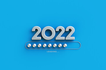 New Year 2022 numbers with loading new year 2021 to 2022 on blue background.Loading bar almost complete with idea being processed,start straight concept.3d rendering