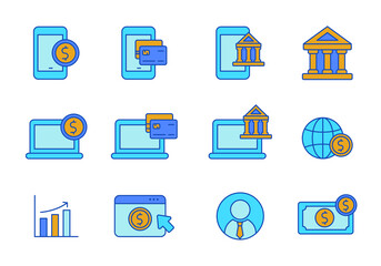 Set of digital banking icon in linear color style isolated on white background