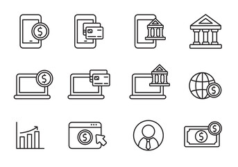 Set of digital banking icon in linear style isolated on white background