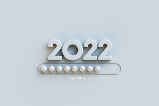 New Year 2022 numbers with loading new year 2021 to 2022 on blue background.Loading bar almost complete with idea being processed,start straight concept.3d rendering
