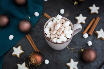 Cup of Hot Chocolate with marshmellows at Christmas time
