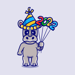 cute rhino celebrating new year with 2022 balloons
