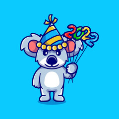 cute koala celebrating new year with 2022 balloons