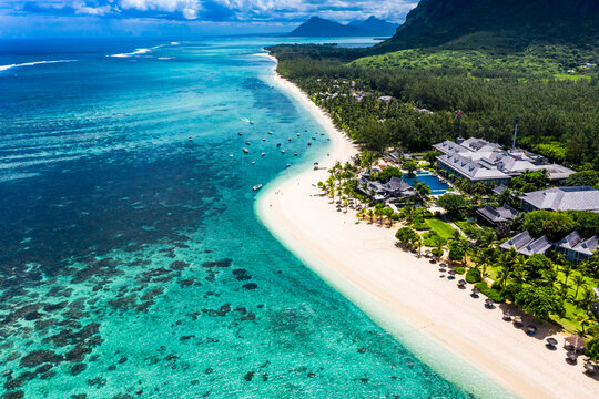 Mauritius, Helicopter view of beach and tourist resort on Le Morne Brabant peninsula in summer