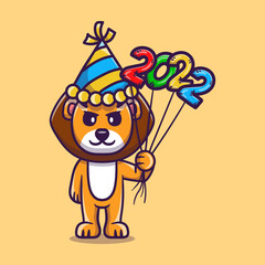 cute lion celebrating new year with 2022 balloons