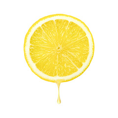 lemon slice with juice drop dripping isolated on white background