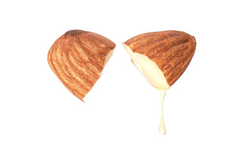 almond nut with almond oil dripping isolated on white background