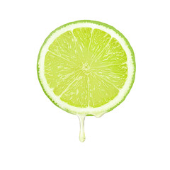lime slice with juice dripping isolated on white