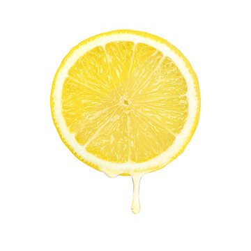 lemon with juice drop dripping isolated on white