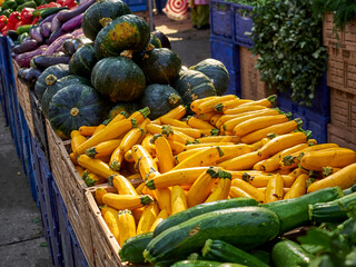 Summer vegetables on display at the farmers market in Elmhurst, Queens County, New York City, NY, USA