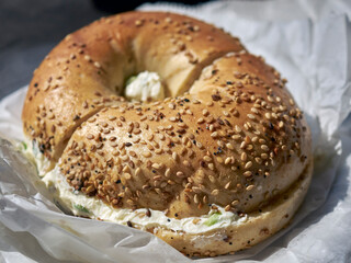 An everything bagel with scallion cream cheese served in Queens County, New York City, NY, USA
